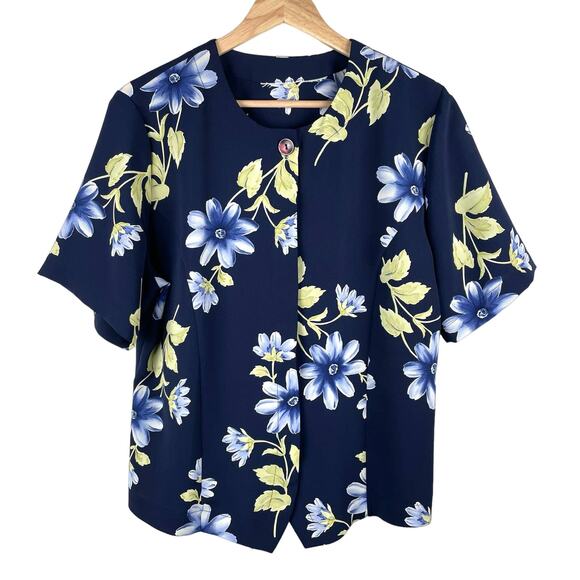 Vintage Floral Button Up Blouse Top Navy Blue Green Short Sleeve Coastal Grandma - Picture 1 of 4